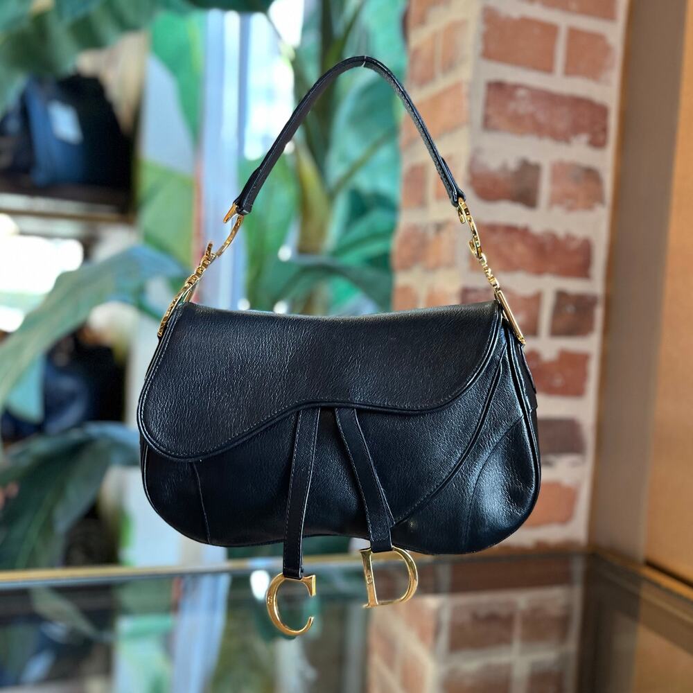 CHRISTIAN DIOR Saddle Black Leather Vintage Double Shoulder Bag